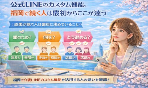 公式LINEカスタム機能を福岡で活用するために、誰に何をどう届けるかを整理し、最初の設計を考える女性の様子と判断フローを示している