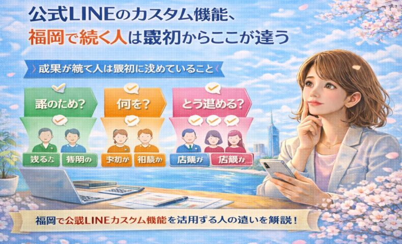 公式LINEカスタム機能を福岡で活用するために、誰に何をどう届けるかを整理し、最初の設計を考える女性の様子と判断フローを示している
