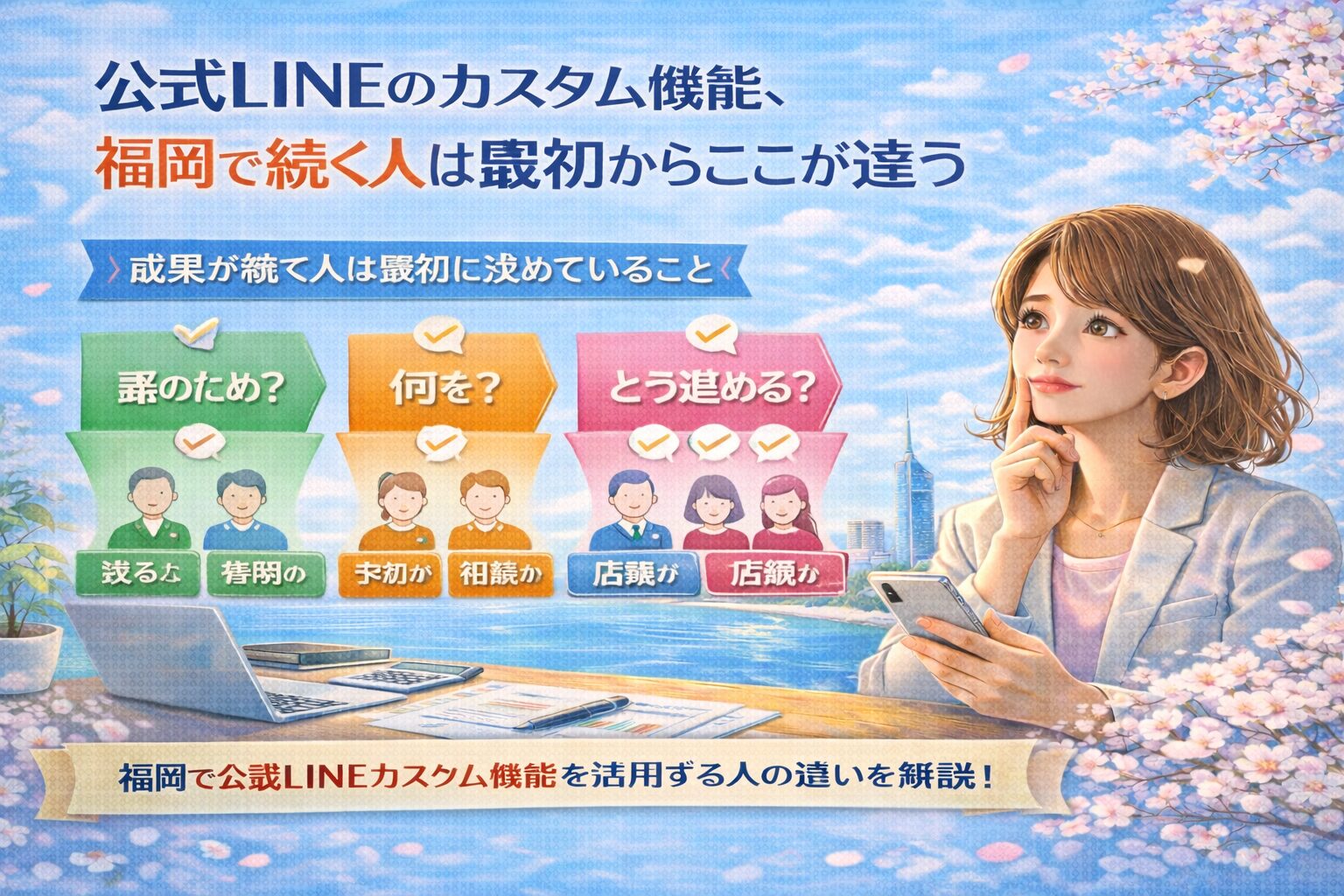 公式LINEカスタム機能を福岡で活用するために、誰に何をどう届けるかを整理し、最初の設計を考える女性の様子と判断フローを示している