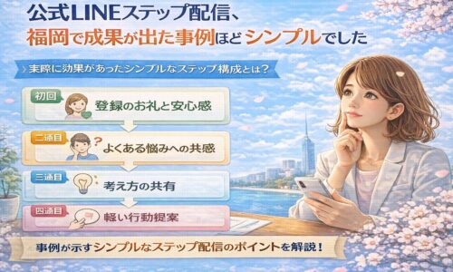 公式LINE ステップ配信 福岡で成果が出た実例として、登録後のお礼から共感、考え方共有、行動提案までを四段階で示すシンプルな配信構成を表している