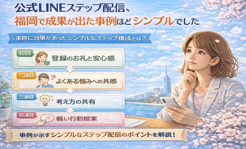 公式LINE ステップ配信 福岡で成果が出た実例として、登録後のお礼から共感、考え方共有、行動提案までを四段階で示すシンプルな配信構成を表している