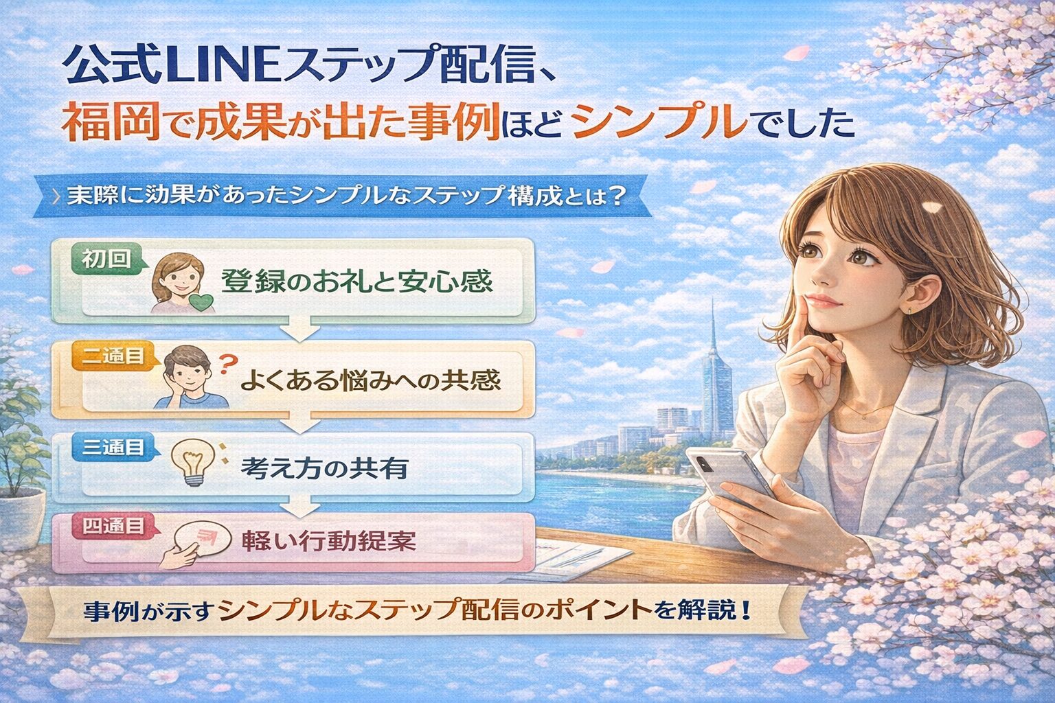 公式LINE ステップ配信 福岡で成果が出た実例として、登録後のお礼から共感、考え方共有、行動提案までを四段階で示すシンプルな配信構成を表している