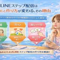 福岡の街並みを背景に、公式LINEのステップ配信を考える女性と、信頼・安心・小さな行動を示す要素が配置された構成で、公式LINE ステップ配信 福岡に合った設計の考え方を伝えている