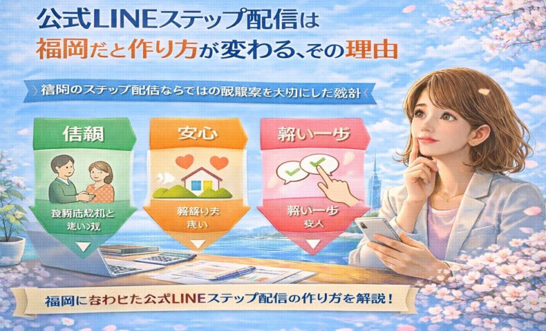 福岡の街並みを背景に、公式LINEのステップ配信を考える女性と、信頼・安心・小さな行動を示す要素が配置された構成で、公式LINE ステップ配信 福岡に合った設計の考え方を伝えている