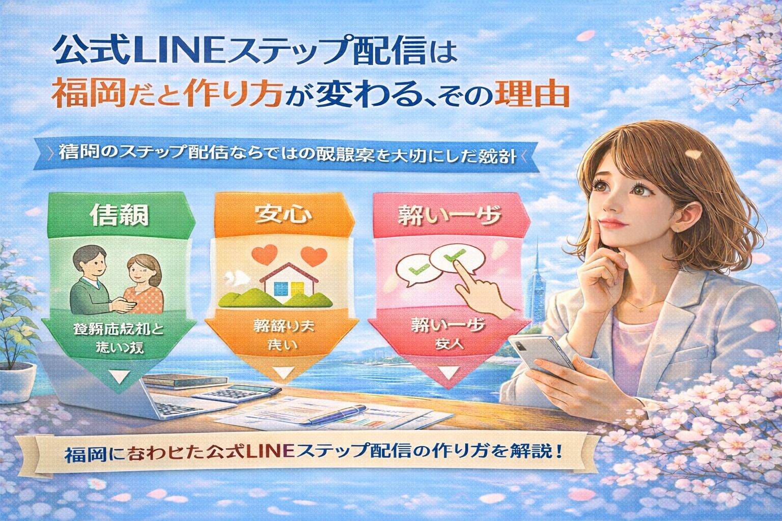 福岡の街並みを背景に、公式LINEのステップ配信を考える女性と、信頼・安心・小さな行動を示す要素が配置された構成で、公式LINE ステップ配信 福岡に合った設計の考え方を伝えている
