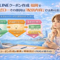 福岡の街並みを背景に、公式LINEクーポン作成の流れを示す図解と、信頼構築から行動促進までの導線を考える女性の姿を描写福岡の街並みを背景に、公式LINEクーポン作成の流れを示す図解と、信頼構築から行動促進までの導線を考える女性の姿を描写