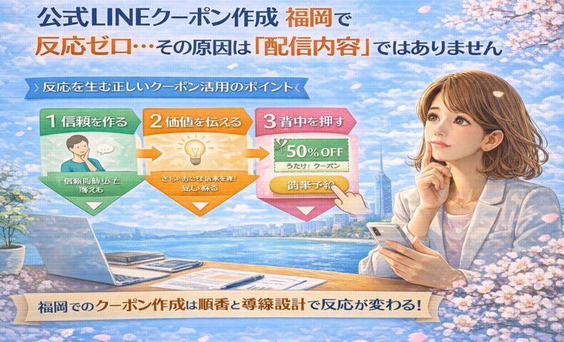 福岡の街並みを背景に、公式LINEクーポン作成の流れを示す図解と、信頼構築から行動促進までの導線を考える女性の姿を描写福岡の街並みを背景に、公式LINEクーポン作成の流れを示す図解と、信頼構築から行動促進までの導線を考える女性の姿を描写