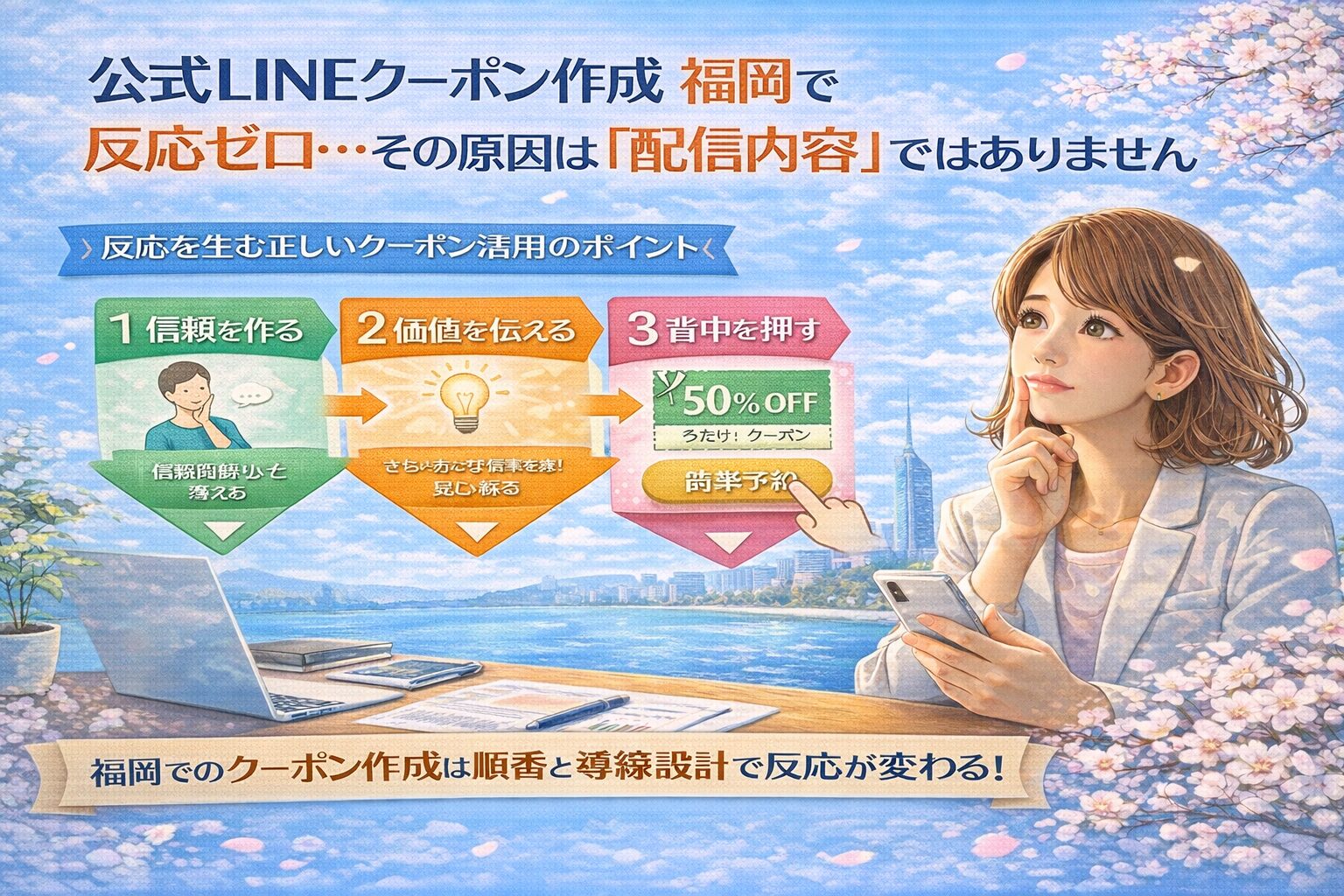 福岡の街並みを背景に、公式LINEクーポン作成の流れを示す図解と、信頼構築から行動促進までの導線を考える女性の姿を描写福岡の街並みを背景に、公式LINEクーポン作成の流れを示す図解と、信頼構築から行動促進までの導線を考える女性の姿を描写