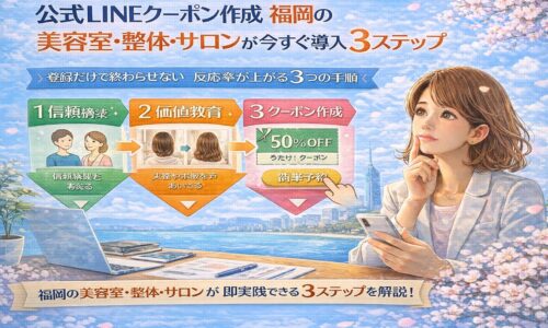 公式LINEクーポン作成 福岡の美容室・整体・サロン向けに、信頼構築から価値教育、予約につなげる導線設計を3ステップで示した構成図