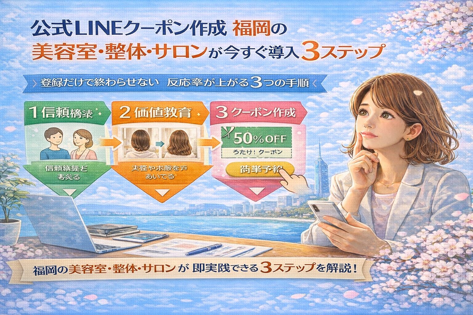 公式LINEクーポン作成 福岡の美容室・整体・サロン向けに、信頼構築から価値教育、予約につなげる導線設計を3ステップで示した構成図