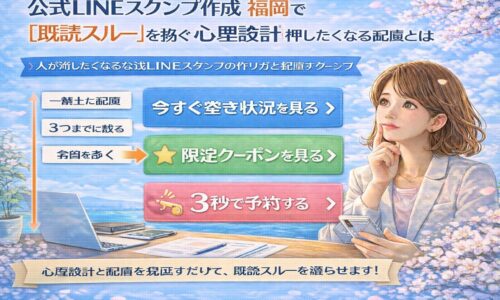 公式LINE スタンプ 作成 福岡において、既読スルーを防ぐための心理設計と配置ルールを示し、予約や反応につながる導線を視覚的に整理した構成図