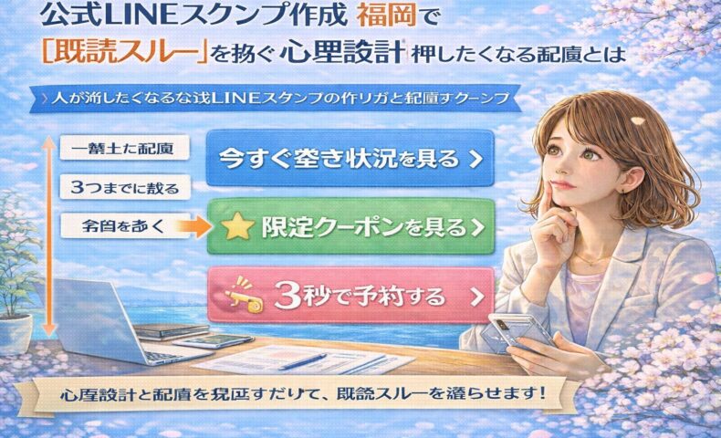 公式LINE スタンプ 作成 福岡において、既読スルーを防ぐための心理設計と配置ルールを示し、予約や反応につながる導線を視覚的に整理した構成図