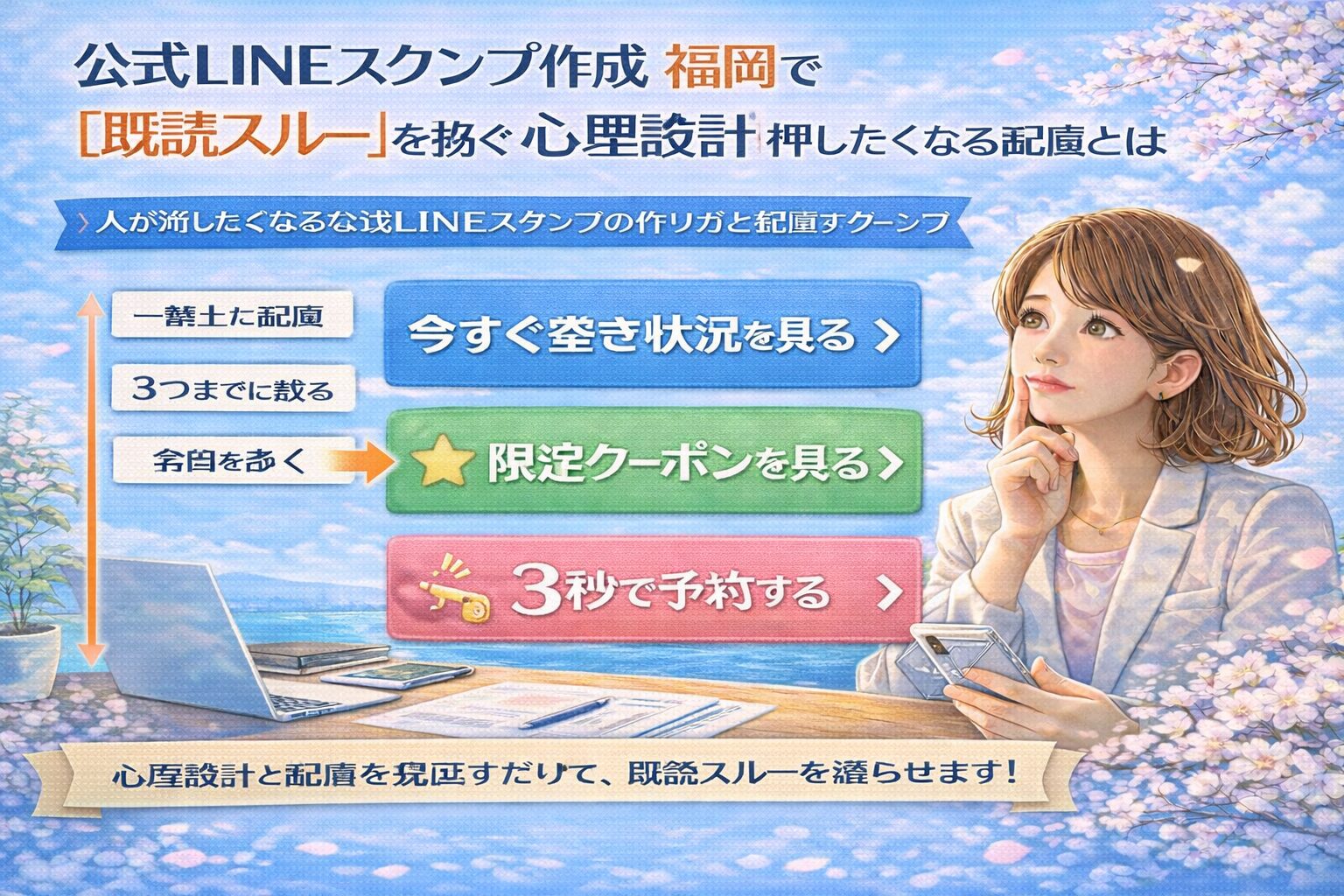 公式LINE スタンプ 作成 福岡において、既読スルーを防ぐための心理設計と配置ルールを示し、予約や反応につながる導線を視覚的に整理した構成図