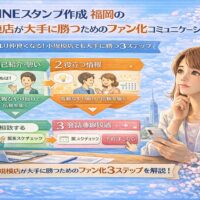 スマートフォンを手に考える女性と、自己紹介・情報提供・会話導線の3工程で構成された図解により、公式LINE スタンプ 作成 福岡で小規模店がファン化を進める設計を示している