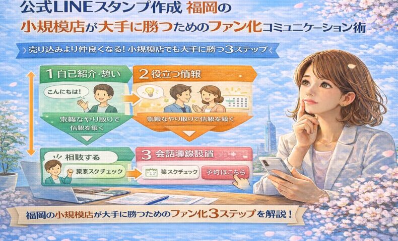 スマートフォンを手に考える女性と、自己紹介・情報提供・会話導線の3工程で構成された図解により、公式LINE スタンプ 作成 福岡で小規模店がファン化を進める設計を示している