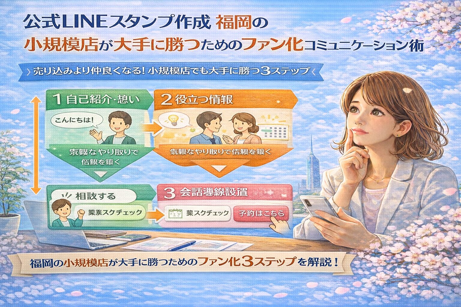 スマートフォンを手に考える女性と、自己紹介・情報提供・会話導線の3工程で構成された図解により、公式LINE スタンプ 作成 福岡で小規模店がファン化を進める設計を示している