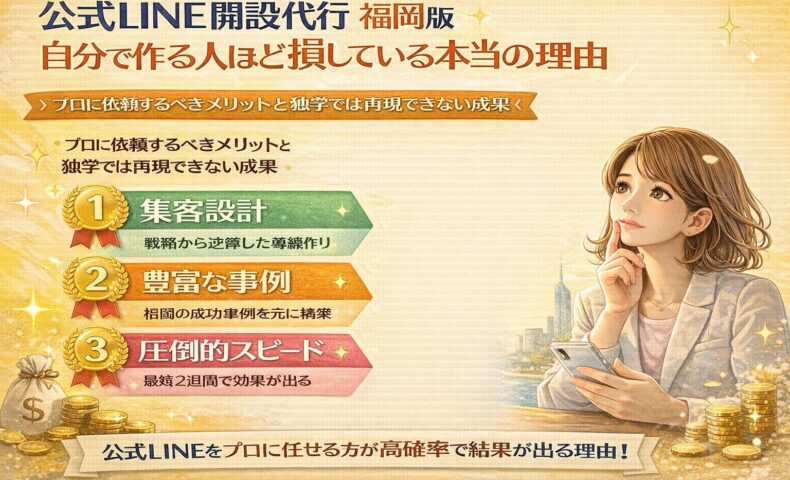 公式LINE 開設 代行 福岡の強みとして、集客設計・豊富な成功事例・最短2週間のスピード導入を示し、スマートフォンを持つ人物と成果を象徴する要素を配置した構成