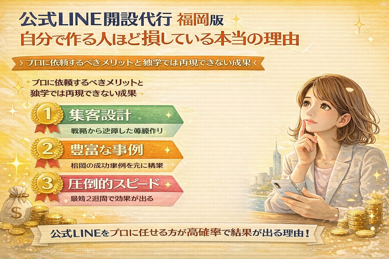 公式LINE 開設 代行 福岡の強みとして、集客設計・豊富な成功事例・最短2週間のスピード導入を示し、スマートフォンを持つ人物と成果を象徴する要素を配置した構成