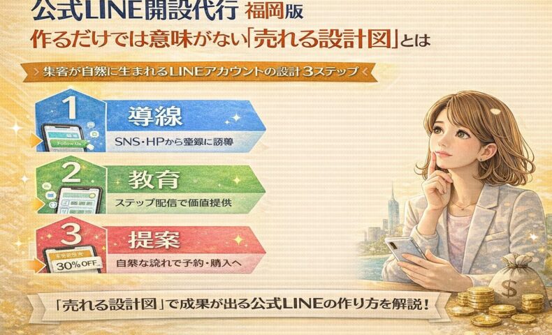 公式LINE 開設 代行 福岡で成果を出すための導線・教育・提案の3ステップを示し、売上につながる設計図の全体像を整理した構成図