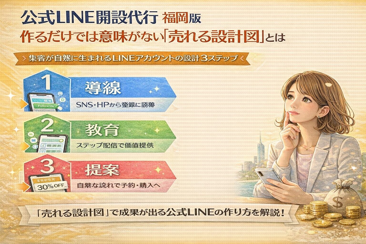 公式LINE 開設 代行 福岡で成果を出すための導線・教育・提案の3ステップを示し、売上につながる設計図の全体像を整理した構成図