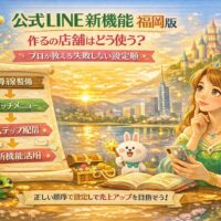 福岡の店舗向けに公式LINE新機能の使い方と設定順を示し、導線整備から活用までを物語調で分かりやすく表現した構成ビジュアル