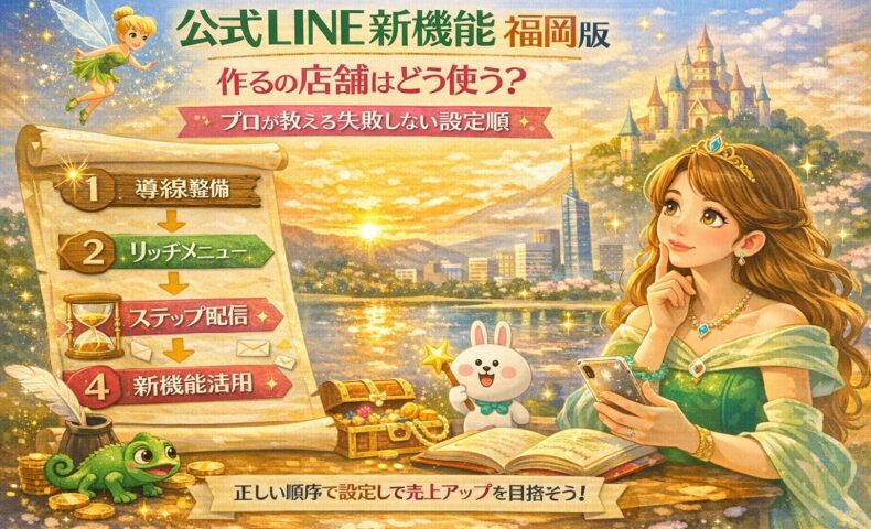 福岡の店舗向けに公式LINE新機能の使い方と設定順を示し、導線整備から活用までを物語調で分かりやすく表現した構成ビジュアル