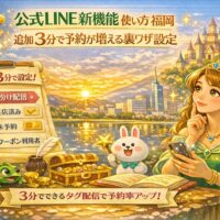 公式LINE新機能の使い方を福岡の店舗向けに解説する構図で、スマートフォンを手にした案内役が予約導線や設定順を示している