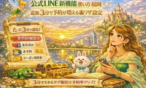 公式LINE新機能の使い方を福岡の店舗向けに解説する構図で、スマートフォンを手にした案内役が予約導線や設定順を示している
