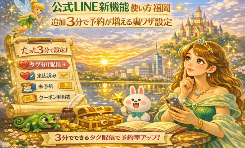 公式LINE新機能の使い方を福岡の店舗向けに解説する構図で、スマートフォンを手にした案内役が予約導線や設定順を示している
