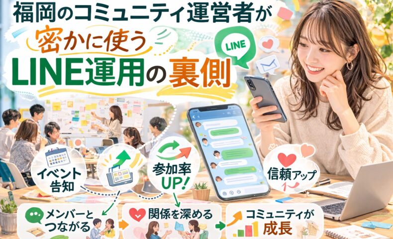 福岡のコミュニティ運営者がLINEを活用し、イベント告知やメンバー交流を通じて参加率や信頼を高めるコミュニティ LINE 運用 福岡の仕組みを示している