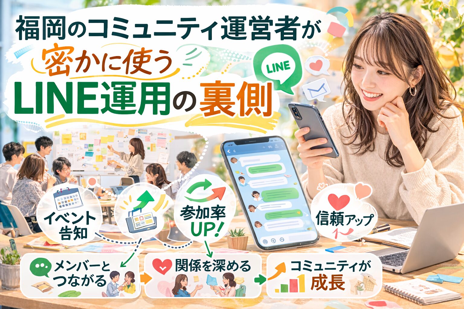 福岡のコミュニティ運営者がLINEを活用し、イベント告知やメンバー交流を通じて参加率や信頼を高めるコミュニティ LINE 運用 福岡の仕組みを示している