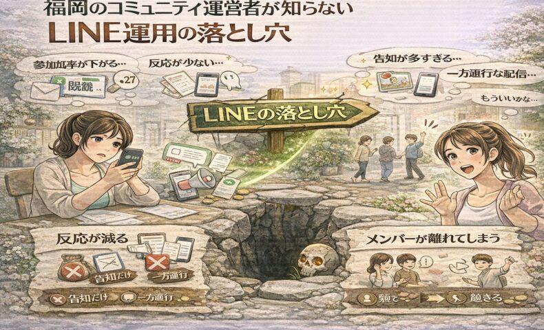 福岡のコミュニティ運営者がLINEで告知ばかり配信し反応が減る様子と、既読だけで終わり参加率が下がるコミュニティ LINE 運用 福岡の落とし穴を示している