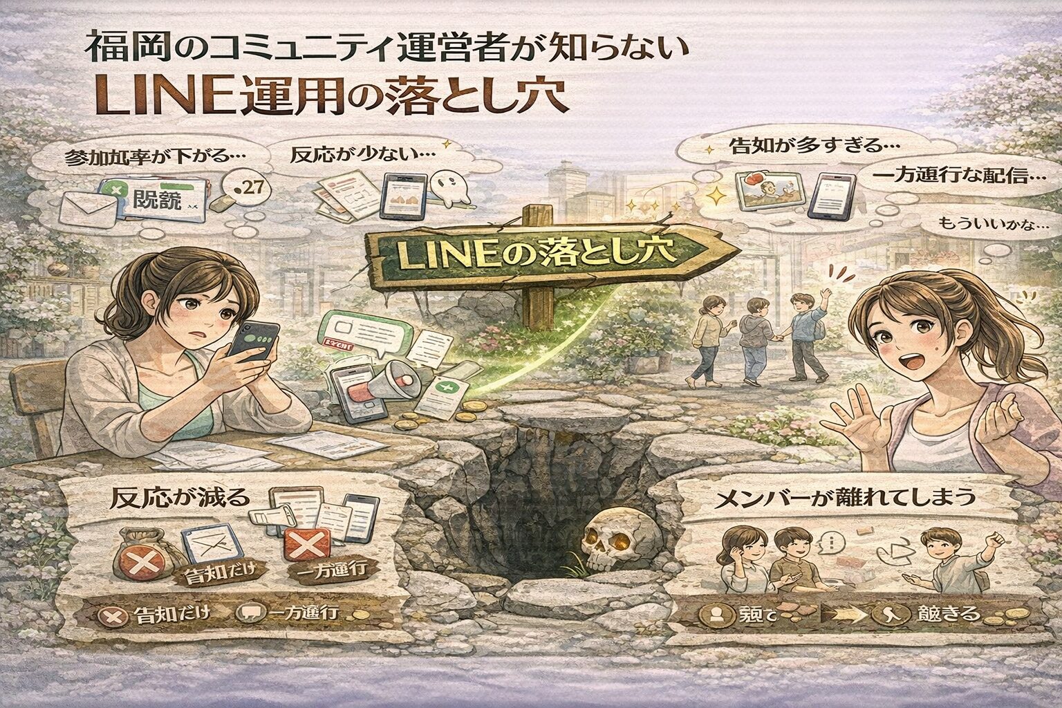 福岡のコミュニティ運営者がLINEで告知ばかり配信し反応が減る様子と、既読だけで終わり参加率が下がるコミュニティ LINE 運用 福岡の落とし穴を示している