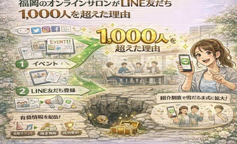 福岡のオンラインサロンでSNSやイベントからLINE登録へ導線を作り、紹介制度と価値配信でオンラインサロン LINE 友だち 福岡が1000人を超える仕組みを示している