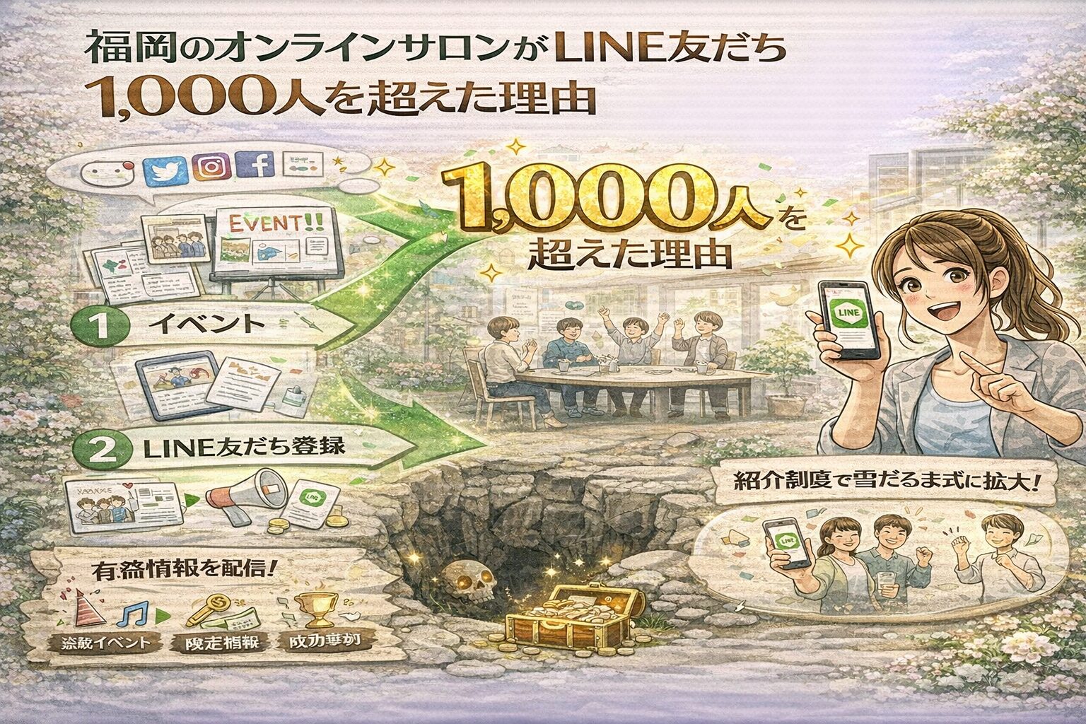 福岡のオンラインサロンでSNSやイベントからLINE登録へ導線を作り、紹介制度と価値配信でオンラインサロン LINE 友だち 福岡が1000人を超える仕組みを示している
