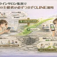 福岡のオンラインサロン主催者がLINE配信の告知中心運用で友だちが増えず悩む様子と、イベント導線と価値配信でオンラインサロン LINE 友だち 福岡を増やす流れを対比して示している
