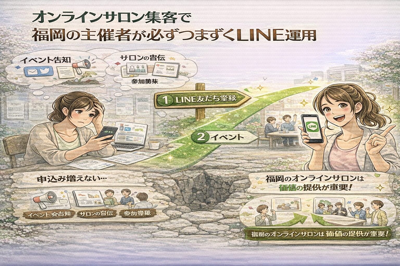 福岡のオンラインサロン主催者がLINE配信の告知中心運用で友だちが増えず悩む様子と、イベント導線と価値配信でオンラインサロン LINE 友だち 福岡を増やす流れを対比して示している
