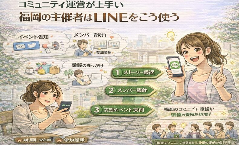 福岡のコミュニティ主催者がLINEでイベント告知やメンバー紹介、交流のきっかけを発信し参加率を高めるコミュニティ運営 LINE 使い方 福岡の成功パターンを示している