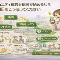 福岡でコミュニティ運営を始める主催者がLINEをイベント案内や交流のきっかけに活用し、関係づくりと集客を同時に進めるコミュニティ運営 LINE 使い方 福岡の流れを示している