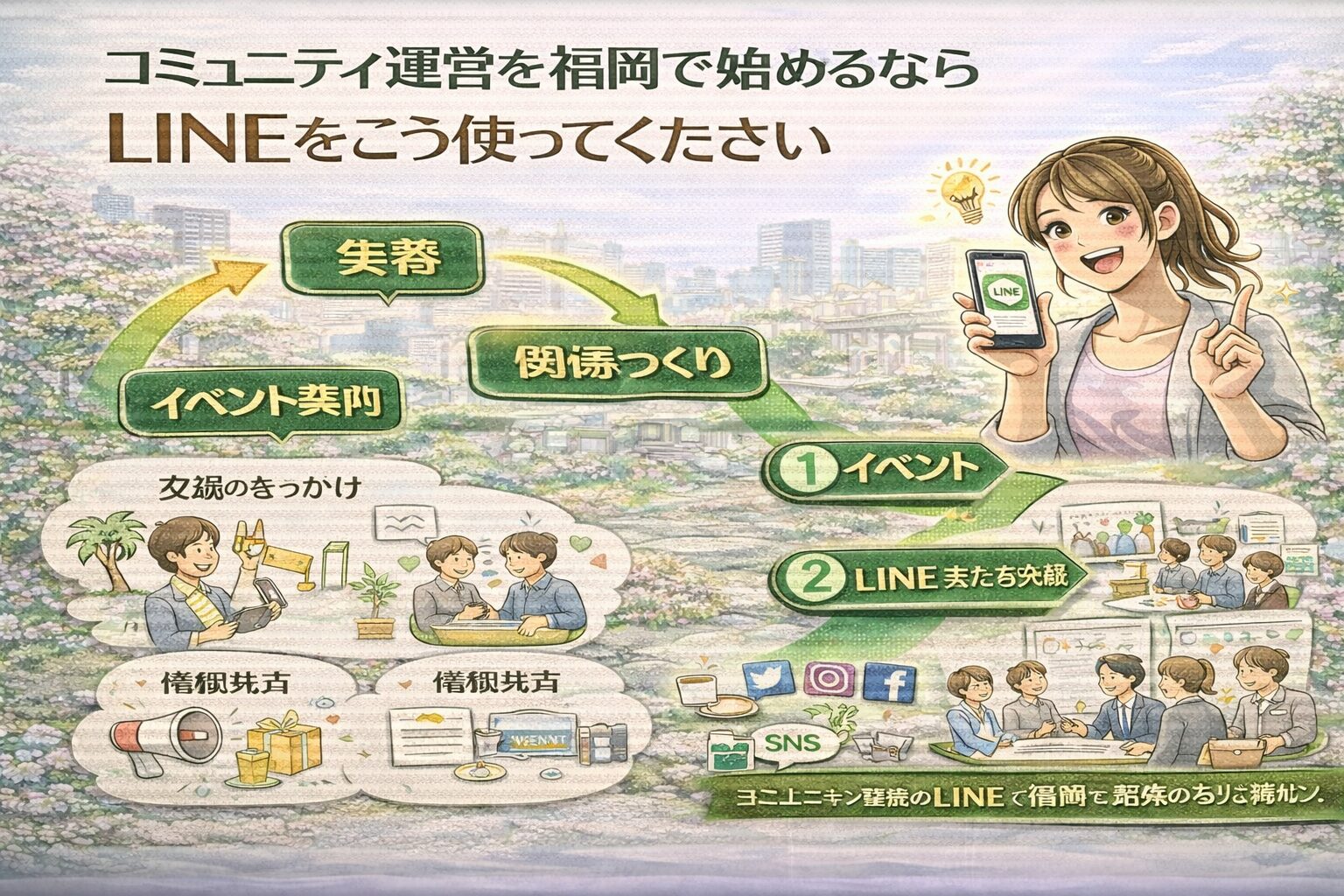 福岡でコミュニティ運営を始める主催者がLINEをイベント案内や交流のきっかけに活用し、関係づくりと集客を同時に進めるコミュニティ運営 LINE 使い方 福岡の流れを示している