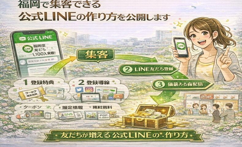 福岡で集客につながる公式LINE作り方の流れとして、登録特典・登録導線・価値ある配信の3要素を示し、SNSや店舗POPから友だち登録を増やす仕組みを解説している
