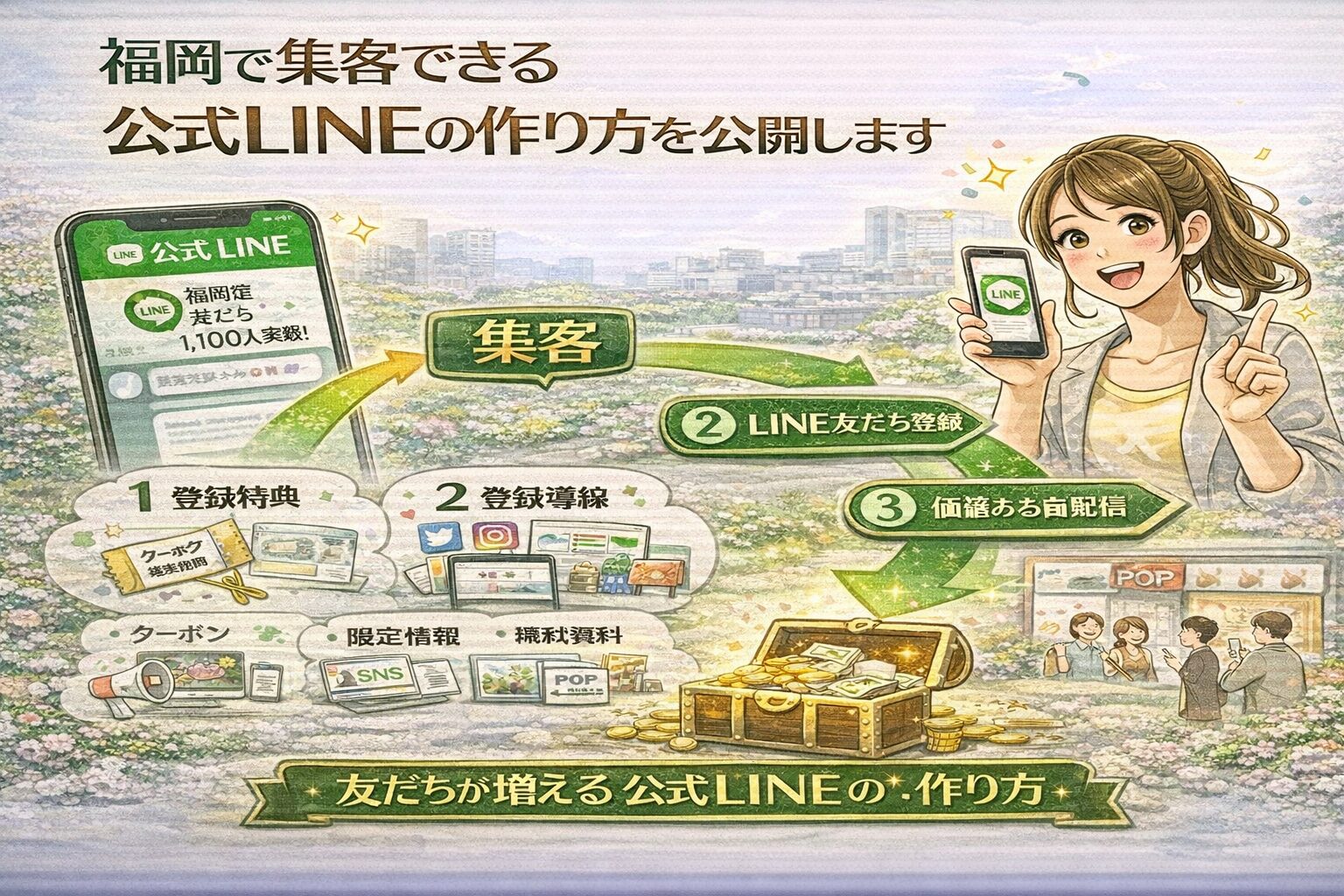 福岡で集客につながる公式LINE作り方の流れとして、登録特典・登録導線・価値ある配信の3要素を示し、SNSや店舗POPから友だち登録を増やす仕組みを解説している