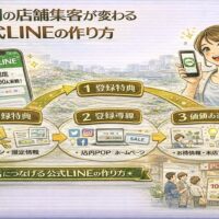 福岡の店舗集客で成果を出す公式LINE作り方として、登録特典・店内POPやSNSからの登録導線・価値ある配信の流れを整理し、来店につながるLINE運用の仕組みを示している