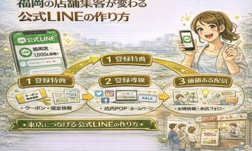 福岡の店舗集客で成果を出す公式LINE作り方として、登録特典・店内POPやSNSからの登録導線・価値ある配信の流れを整理し、来店につながるLINE運用の仕組みを示している