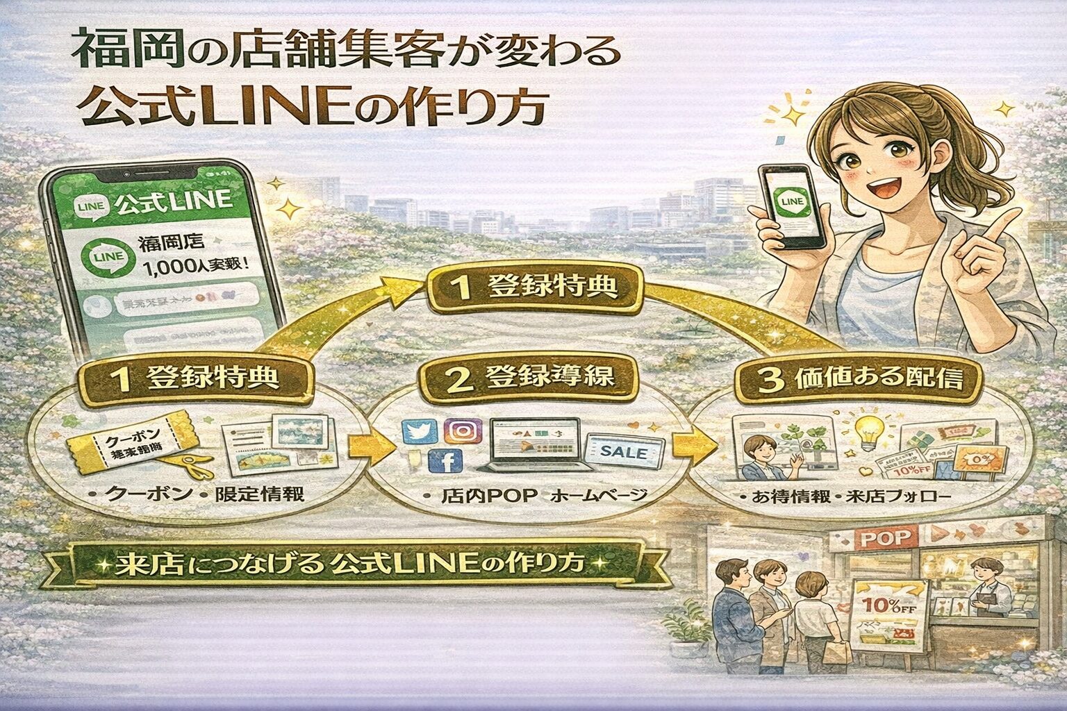 福岡の店舗集客で成果を出す公式LINE作り方として、登録特典・店内POPやSNSからの登録導線・価値ある配信の流れを整理し、来店につながるLINE運用の仕組みを示している