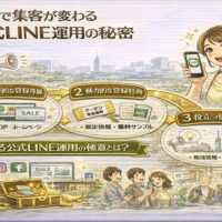 福岡の公式LINE運用で集客を伸ばす仕組みとして、SNSや店内POPからの登録導線、登録特典、役立つ情報配信の3つの要素を順序立てて示し、問い合わせや来店につながる流れを説明している