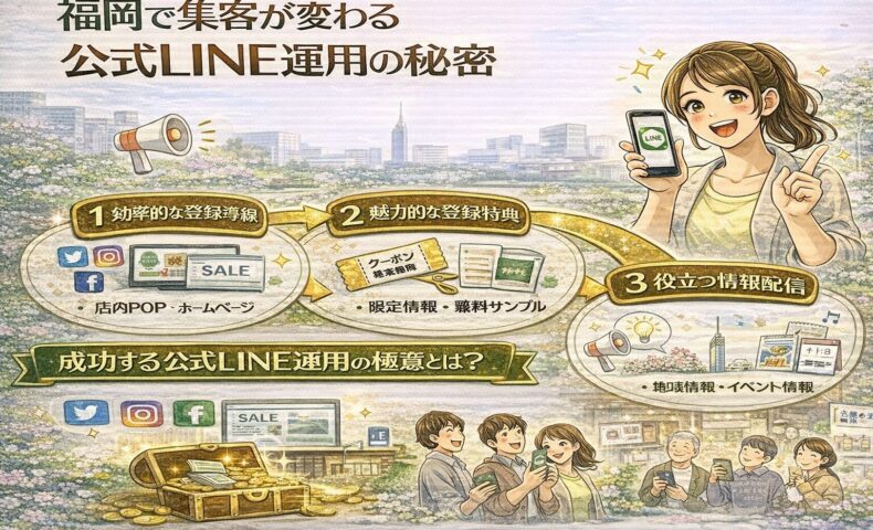 福岡の公式LINE運用で集客を伸ばす仕組みとして、SNSや店内POPからの登録導線、登録特典、役立つ情報配信の3つの要素を順序立てて示し、問い合わせや来店につながる流れを説明している
