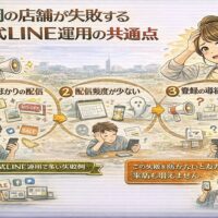 福岡の店舗が失敗する公式LINE運用として、宣伝ばかりの配信・配信頻度の不足・登録導線がないという3つの問題点を示し、友だちや来店が増えない原因を整理している
