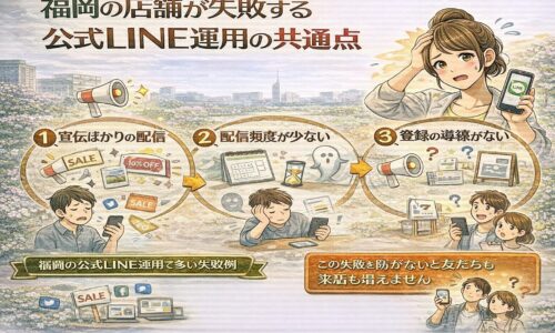 福岡の店舗が失敗する公式LINE運用として、宣伝ばかりの配信・配信頻度の不足・登録導線がないという3つの問題点を示し、友だちや来店が増えない原因を整理している