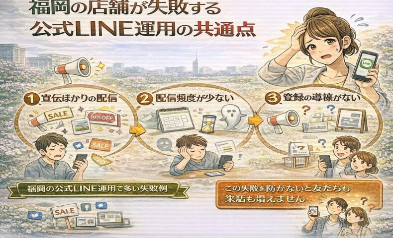 福岡の店舗が失敗する公式LINE運用として、宣伝ばかりの配信・配信頻度の不足・登録導線がないという3つの問題点を示し、友だちや来店が増えない原因を整理している
